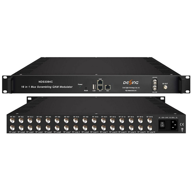 Dexin NDS3394C 16-in-1 DVB-S2/T2/ISDB/ATSC Modulator with 16-Tuner Support AC 100-240V Power RF IN1-RF IN16 Ports DC 12V USB