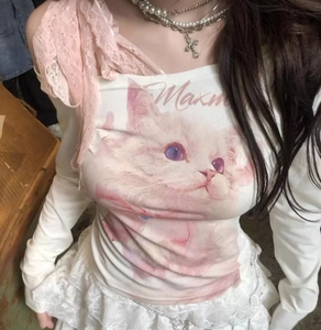 American-style Spicy Y2K One-character Collar Long-sleeved T-shirt Women's Open-shoulder Lace <strong>Stitching</strong> Trendy <strong>Top</strong> - Product Image 3