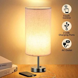 Touch Control <b>Table</b> <b>Lamps</b> with 2 USB Charging Ports&AC Outlet Bedside Nightstand <b>Lamps</b> with White Fabric Lampshade - Product Image 2