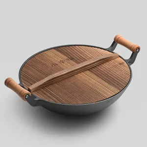 Sartén de hierro fundido de gran capacidad, mango Binaural, wok chino