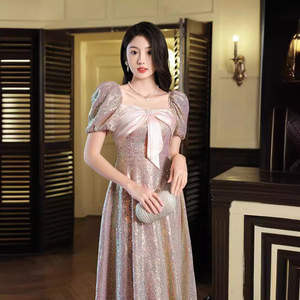 Pink Sequined Evening Dress A-Line Empire Waist Bow Neckline Satin Fabric For Coming Of Age Ceremony And Vocal Exam - Product Image 3