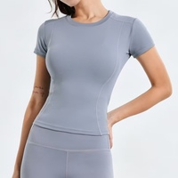 Loovoo Ensemble 2 pièces de t-shirts de sport pour femme, à compression athlétique, séchage rapide, extensible dans les quatre sens, respirant, col rond, pour yoga et gym