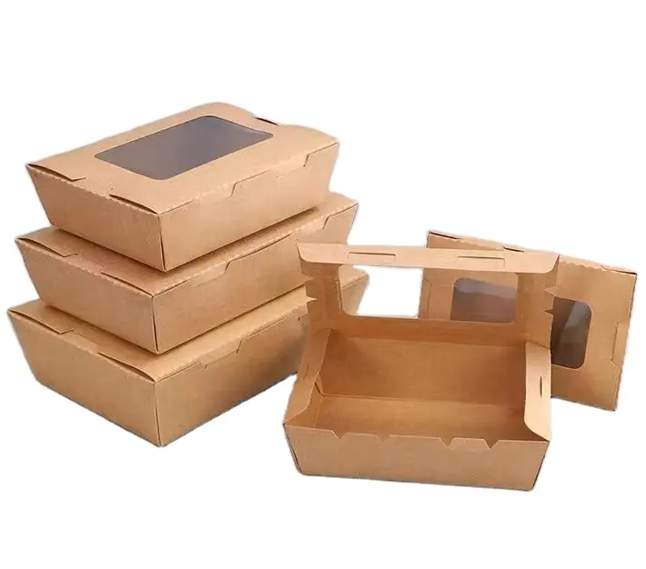 Scatola di carta Kraft con lucernario pollo fritto takeaway biodegradabile rettangolare imballaggio alimentare picnic pranzo veloce personalizzato