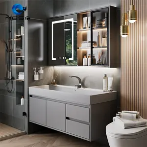 Luxury Grey Wall Mount Sink Mirror Floating Cabinet Rock Bathroom Vanity With Drawers