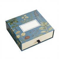 Boîte à tiroirs bleue à motifs floraux, boîtes en papier de luxe imprimées de motifs botaniques, matériaux recyclés, doublées d'éponge, emballage artisanal