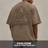 T-shirt ample pour homme en coton épais 300 GSM, respirant, délavé, effet usé, avec logo personnalisé Fighting Ant, imprimé en relief 3D, idéal pour l'été