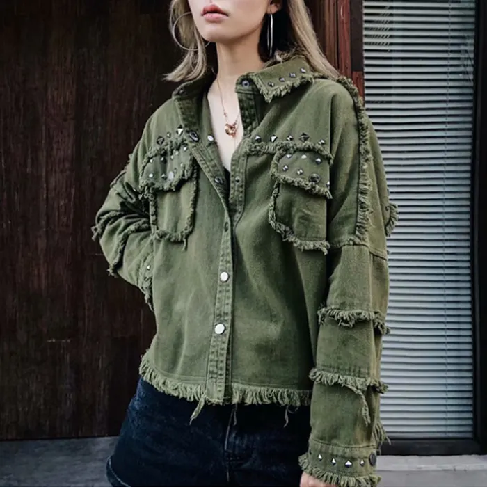 Mode armée vert jean chemise femmes détresse frange denim pour dames glands rivet rock veste à franges vestes