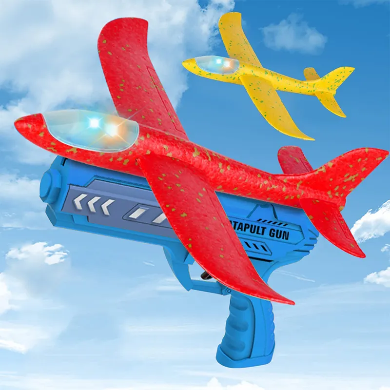 बच्चों का फोम प्लेन लॉन्चर खिलौना आउटडोर बॉय शूटिंग गेम एलईडी फ्लाइंग एयरक्राफ्ट कैटापल्ट थ्रोइंग फोम प्लेन लाइट गन खिलौना