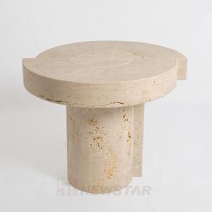 Newstar Buff Tables d'appoint en marbre à dessus rond Table d'appoint de canapé en marbre naturel Table d'appoint en travertin - Product Image 2
