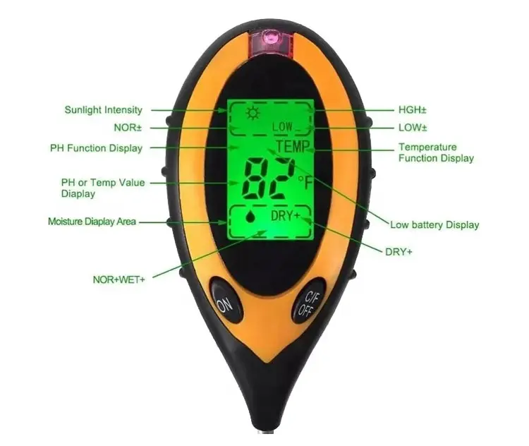 4 In 1 Digital PH Meter Soil Moisture Monitor Temperature Sunlight Tester For Gardening Plants Farming