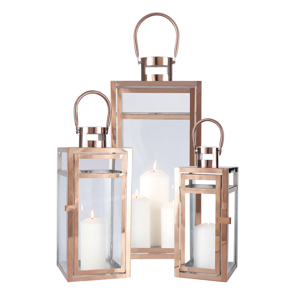 Set of 3 Luxury Rose Gold Lantern Candle Holder with Tempered Glass for Garden Hallway Wedding Decoration