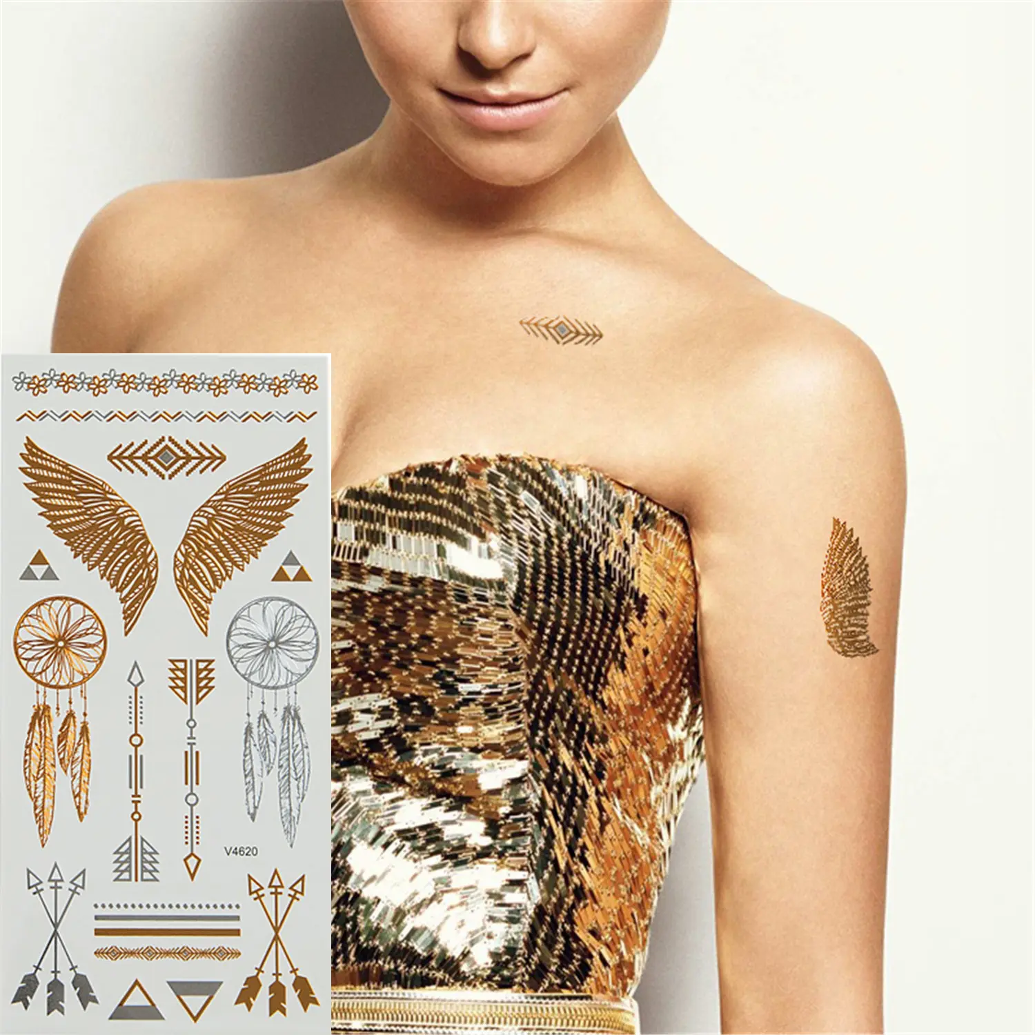 Pegatina de tatuaje de boda con hoja de flor dorada metálica, tatuaje temporal de la india con nombre dorado