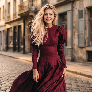 Vintage High Waist A-Line Bell Sleeve Midi <b>Dress</b> Women Bow Side Pocket Back Zipper Breathable Spring Fall <b>Plus</b> <b>Size</b> Casual - Product Image 2