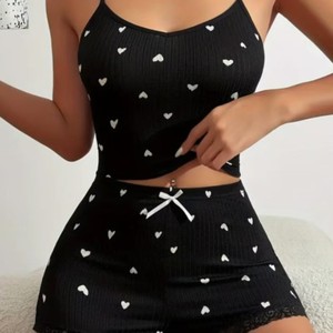 Pyjama en forme de cœur de pêche pour femmes, printemps/été, ensemble trois pièces doux et mignon, short et pantalon en coton de haute qualité, sexy - Product Image 5