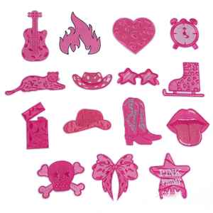 Iron on Embroidery Hot pink Color Violin <b>Fire</b> Heart Clock Boots Lighter Leopard Sunglass Guitar Patch for Clothes Hat Bag - Product Image 1