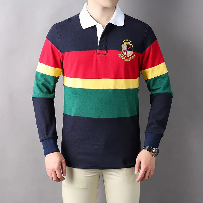 New Wholesale Popular Fashion Design Men Striped Rugby Polo Long Sleeve Shirt With Your Own Brand (rugby Shirt Polo)