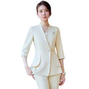 Women's Mid Sleeve Collarless Suit Jacket Pink Pants Set Anti Wrinkle Spring Autumn Style Elegant Office Wear - Product Image 5