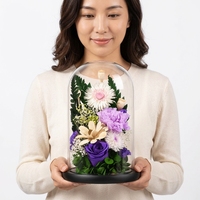 Cloche en verre pour fleurs préservées avec lumière LED, présentoir de chrysanthèmes, œillets et roses éternelles pour autel bouddhiste et décoration commémorative