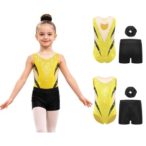 Conjunto de leotardo de gimnasia y danza para niñas con pedrería, espalda en V, malla recortada, sin mangas, con pantalones cortos, brillante, para competición infantil, personalizado - Product Image 2