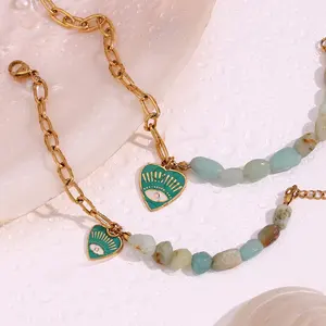 DEYIN Splicing Amazonite Evil Eye Jewelry Gold Plated Charm Necklace Gold Plated Gemstone Jewelry Stainless Steel