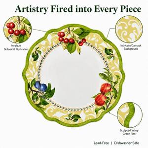 Service de table 24 pièces en porcelaine New Bone China In-glaze, motif Jardin et <span class=keywords><strong>Verger</strong></span>, bord festonné vert, assiettes et bols à motif de fruits pour 6 personnes - Product Image 3