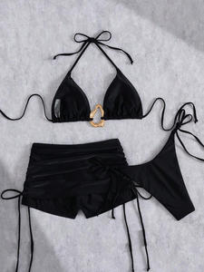 Conjunto de Bikini de 3 Piezas para Mujer, con Anillo Metálico, Top Triangular, Traje de Baño de Color Sólido con Tiras, Shorts de Playa, Traje de Baño Sexy al por Mayor - Product Image 6