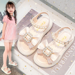 Sandales d'été pour filles, style princesse, à bout ouvert, ornées de perles et de strass, pour collégiennes, avec semelles épaisses, idéales pour les fêtes et la plage - Product Image 1