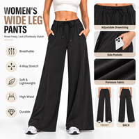 Pantalon large taille haute élastique pour femme avec cordon de serrage, tissu doux et fluide, poches plaquées arrière, coupe droite décontractée pour yoga et fitness