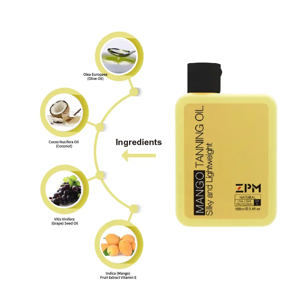 ZPM OEM/ODM Фирменная торговая марка, горячая Распродажа, натуральное органическое солнцезащитное масло, бронзер, усилитель, поддельный лосьон для загара, масло для загара манго