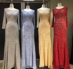 Robe de soirée musulman de luxe, tenue de fête, manches longues, col rond, couleur argent, Champagne, bleu et rouge