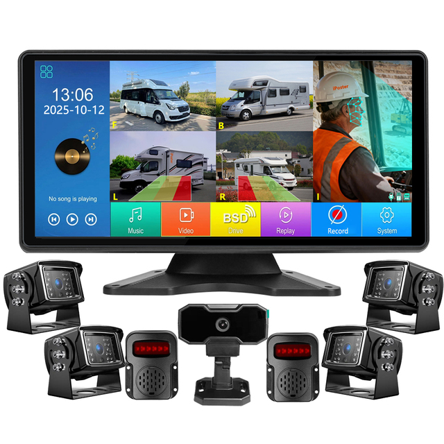 10.36" Touch Screen 5ch DVR Monitor AHD 1080P Front Sides Backup Cameras 2x Sound Alarms DMS BSD AI Human Vehicle Detect Truck