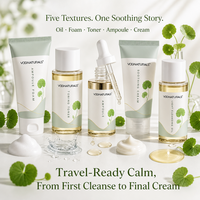 Kit de Voyage Soin de la Peau Essentiel à la Centella Marque Blanche, Coffret d'Essai Apaisant 5-en-1, Tonique, Ampoule, Crème, Nettoyant, Coffret Cadeau
