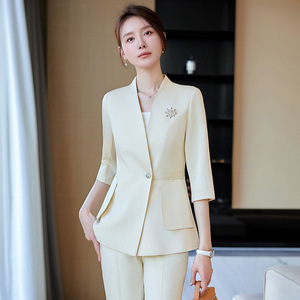 Women's Mid Sleeve Collarless Suit Jacket Pink Pants Set Anti Wrinkle Spring Autumn Style Elegant Office Wear - Product Image 4