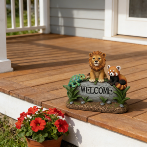 Statua da Giardino con Cartello di Benvenuto per Animali |   Statuetta in Resina di <span class=keywords><strong>Leone</strong></span>, Panda Rosso e Camaleonte per Decorazioni da Esterno |   Ornamento da Giardino Impermeabile - Product Image 4