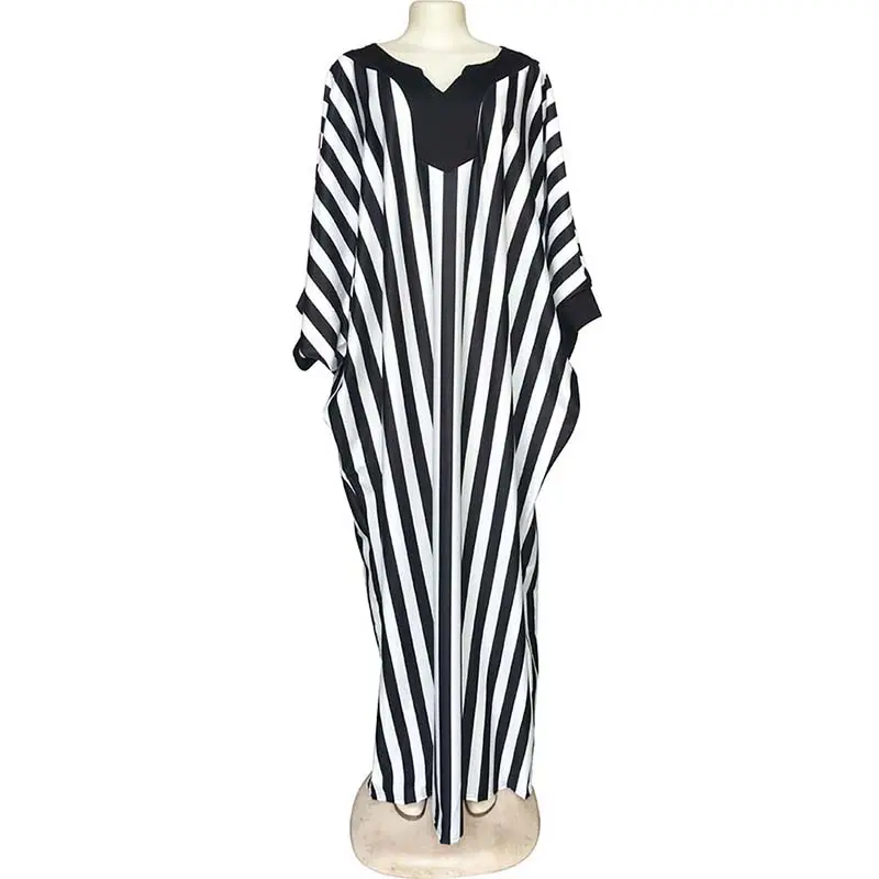 Women African Plus Size Style V Neck White and Black Stripes Abaya Elegant Batwing Sleeve Dress