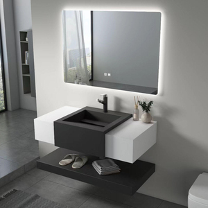 Ensemble de meubles-lavabos de salle de bain mural en pierre frittée haut de gamme personnalisé avec vasque intégrée et miroir LED pour projets hôteliers et d'appartements - Product Image 1