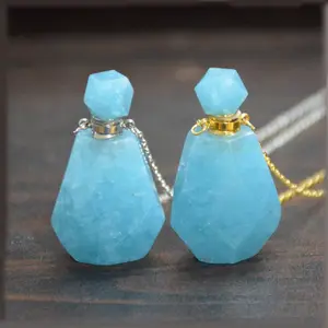 Natural Aquamarine Crystal Essential Oil Bottle Pendant Verified Supplier Blue Faceted Gemstone Perfume Bottle for Necklace