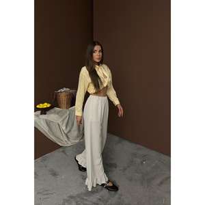 Pantalones de Lino Beige para Mujer, Corte Recto, Cintura Media, Dobladillo con Volantes, Transpirables - Product Image 5