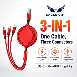 Cable de Carga Retráctil Portátil Personalizable OEM, Cable de Alimentación Multi Interfaz para Auto, Regalos Promocionales, Cable de Datos 3 en 1 - Product Image 2