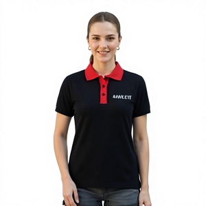 <b>Women's</b> Black <b>Polo</b> Shirt With Red Collar Embroidered Logo Casual Short Sleeve Pique Cotton <b>Top</b> - Product Image 1