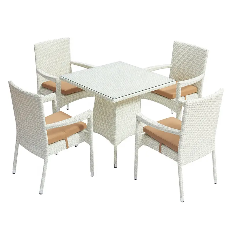 Popolare sedia da tavolo quadrata in vetro per esterni in stile francese eventi di nozze moderni tavolo da pranzo piccolo in Rattan bianco Set 4 sedie