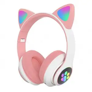 2023 고양이 귀 헤드폰 Giris 이어버드 및 인이어 헤드폰용 LED 라이트 TF 카드가있는 무선 헤드셋