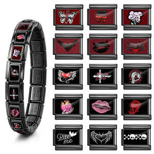 Pulsera Modular Desmontable DIY de Acero Inoxidable Negro con Dijes Italianos de Epoxi de Calavera Gótica, Cruz, Mariposa y Murciélago, y Labio Rojo Oscuro - Product Image 1