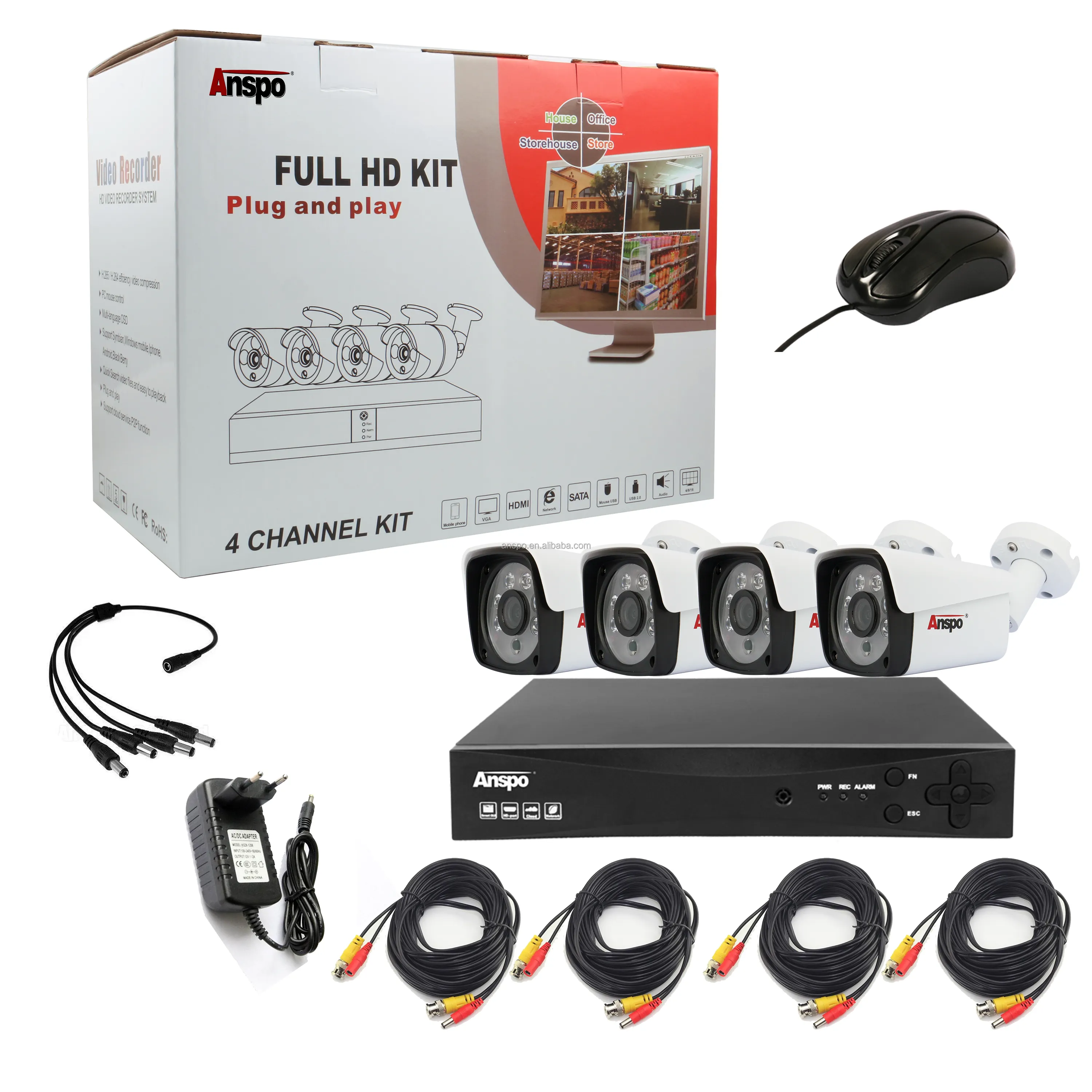 Anspo CCTV 1080p 4ch AHD Kit de cámara con DVR incorporado audio coaxial Mic 2mp Sistema de cámara de seguridad