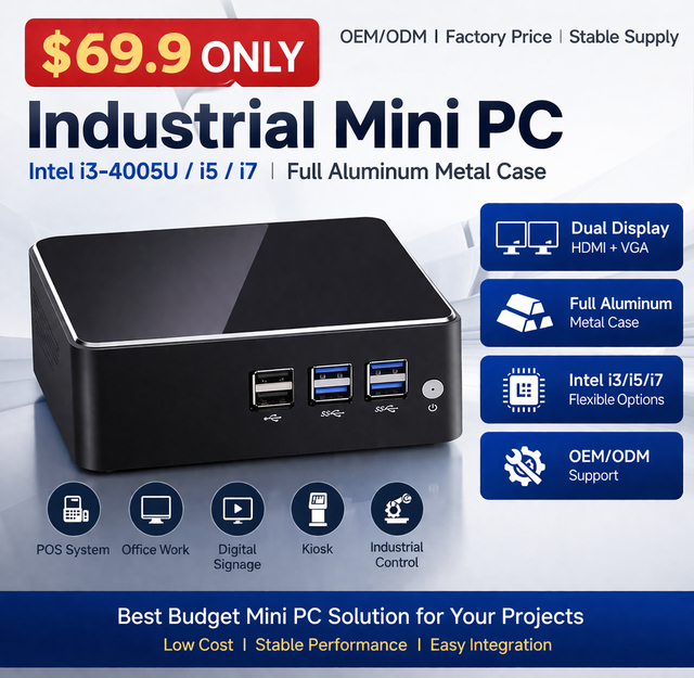 Industrial Mini PC Intel i3 4005U Desktop Computer Dual Display Metal Case for POS Digital Signage OEM ODM Services