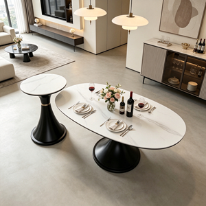 Modern <b>Marble</b> Top Oval Dining <b>Table</b> Set <b>Black</b> Metal Base Minimalist Design Home Furniture - Product Image 1