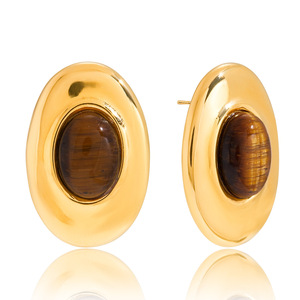 Tiger's Eye <b>Stud</b> Earrings 18K Gold Plated <b>Titanium</b> Steel Oval Geometric Party Jewelry Bezel Setting Stainless Steel Posts - Product Image 5