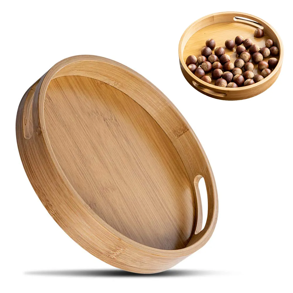 Custom Round Bamboo Tray Coffee Tea Serving Tray Fruit Platters Party Dinner Plates Bamboo Serving Tray With Handles dinnerware