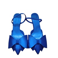 Nouvelles Sandales d'été pour femmes, légères, à bout pointu, en satin bleu texturé, décorées d'un nœud, à talon aiguille, style mule, mode et sexy