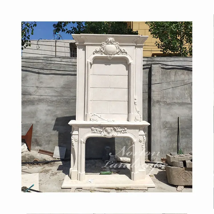 Modern hand-carved home decoration double stone fireplace mantel large European style white marble fireplaces
